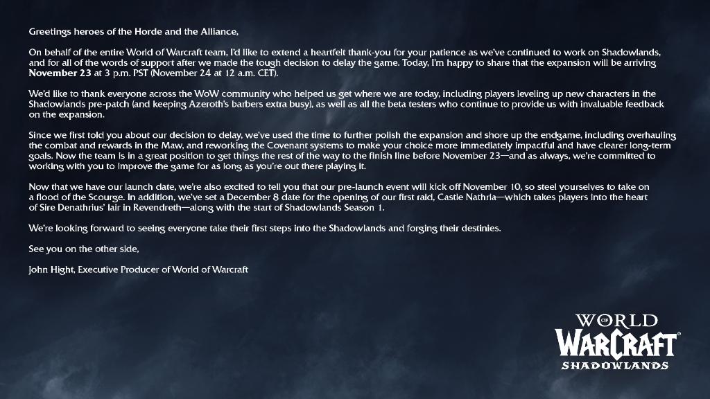 Blizzard Statement for Shadowlands Expansion